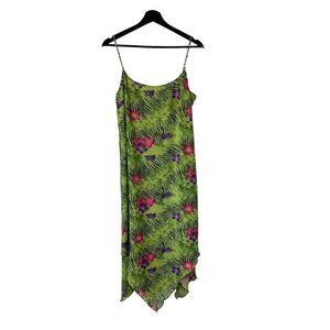 Vintage 90s Green Floral Jungle Print Sleeveless Chiffon Midi Dress Medium